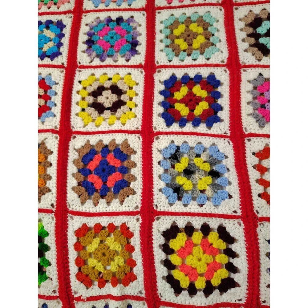 Vintage Hand Crocheted Granny Square Afghan Blanket Twin Size 56x78 Cottagecore
